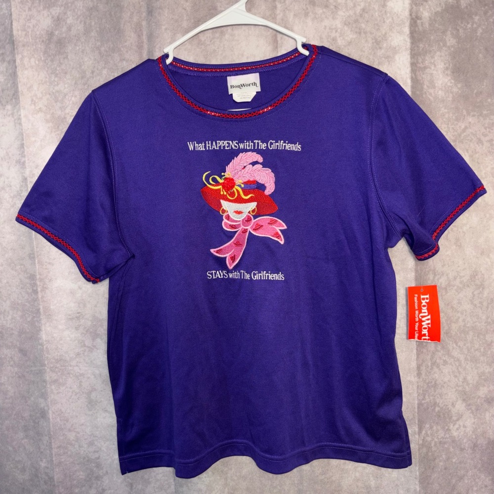 New BonWorth Womens Petite XS Purple Embroidered Red Hat Society Girlfriends T‎